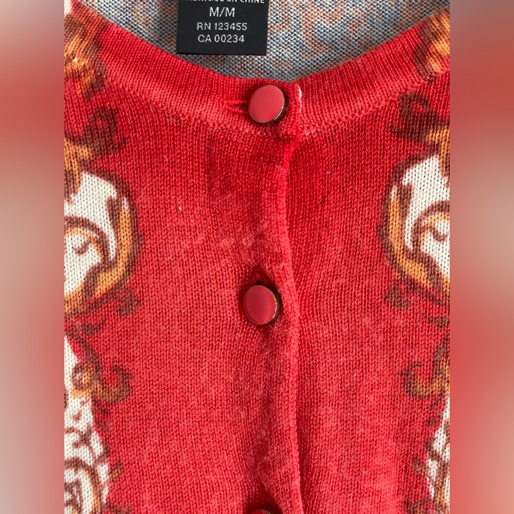 Red Cardigan Lord & Taylor Merino Wool Baroque Tapestry Sweater Size M Vintage - Picture 5 of 13